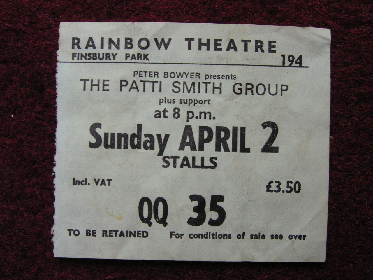 Ticket Stub - Patti Smith Rainbow Sun April 2 78